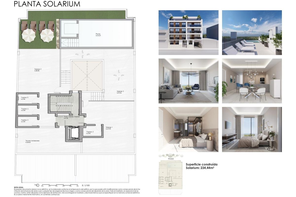 Plattegrond van het solarium van het 3-slaapkamer appartement in Guardamar del Segura met een open terrasontwerp.