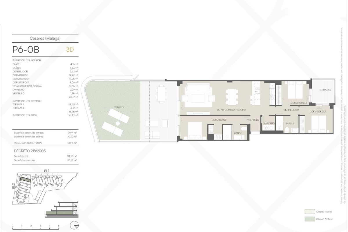 Gedetailleerde plattegrond van een 3-slaapkamer appartement in Casares, met kamerindelingen en afmetingen.