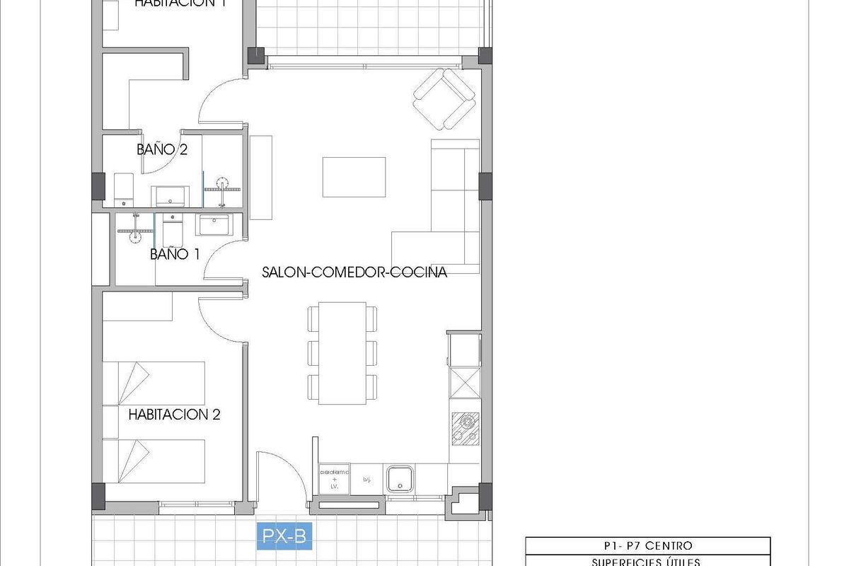 Plattegrond van een 2-slaapkamer appartement met indeling van woonruimtes en terras in Villajoyosa.