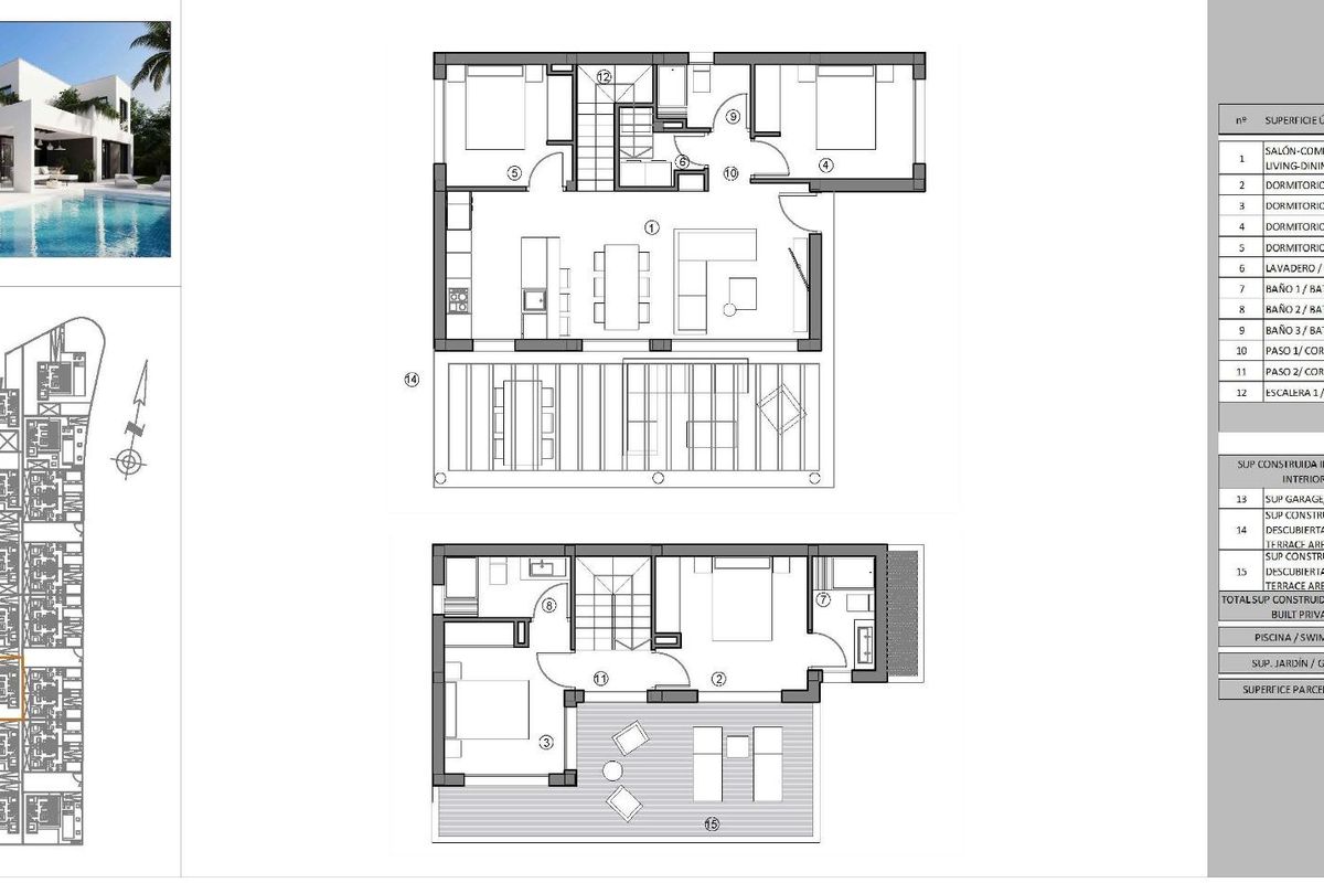 Gedetailleerde plattegrond van een moderne villa in Finestrat, met woonruimtes en slaapkamers.