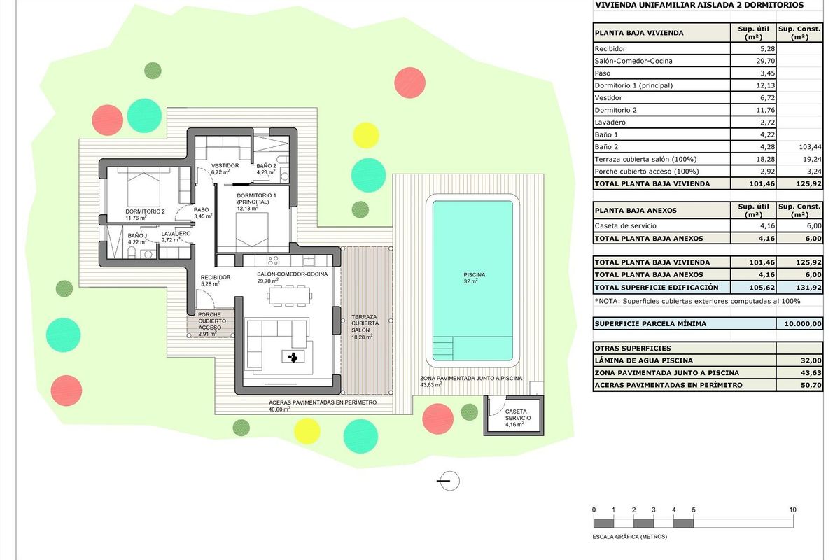 Plattegrond van een 2-slaapkamer villa in Pinoso, met indeling en kenmerken zoals een zwembad en tuin.