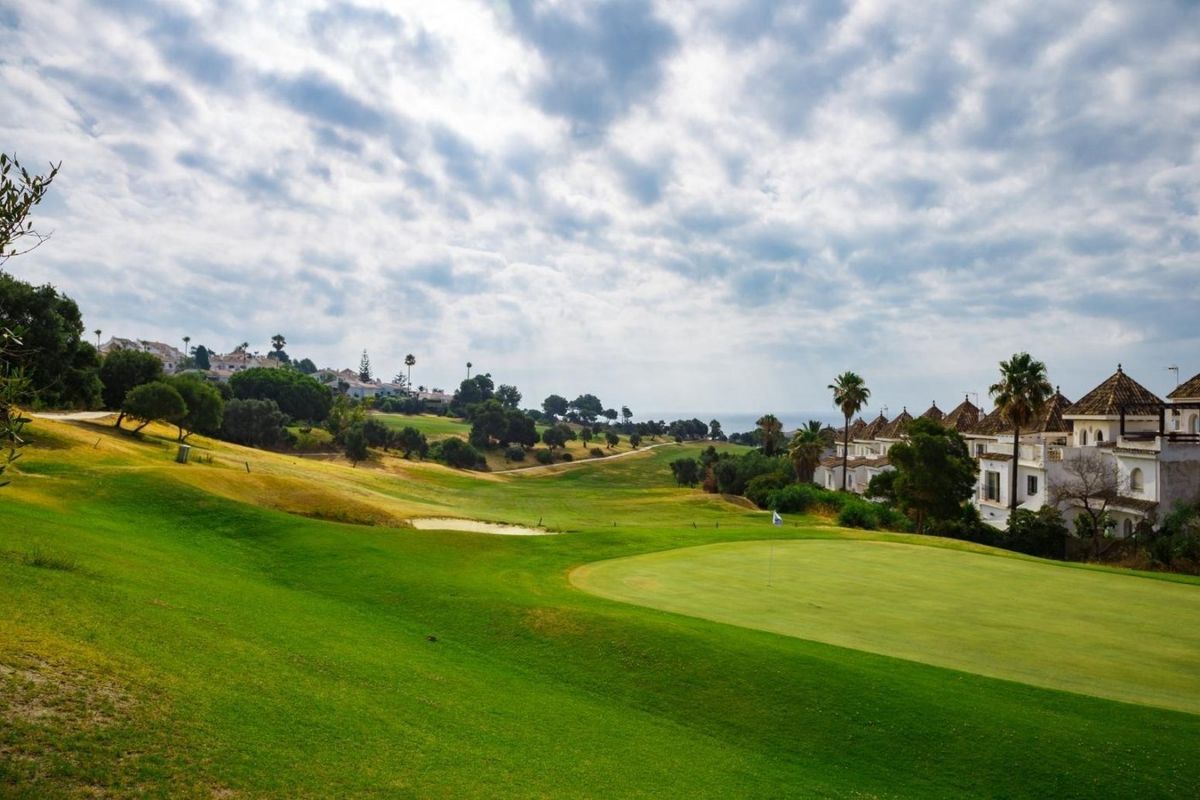 Close-up van een perfect onderhouden golfbaanstrook met witte villa's en palmbomen op de achtergrond, kustgebied van Manilva