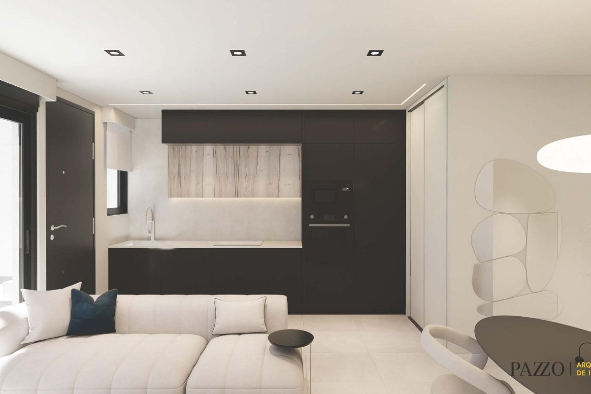 Contemporary woonruimte met geïntegreerde keuken in een 2-slaapkamer bungalow in Pilar de La Horadada, Costa Blanca.