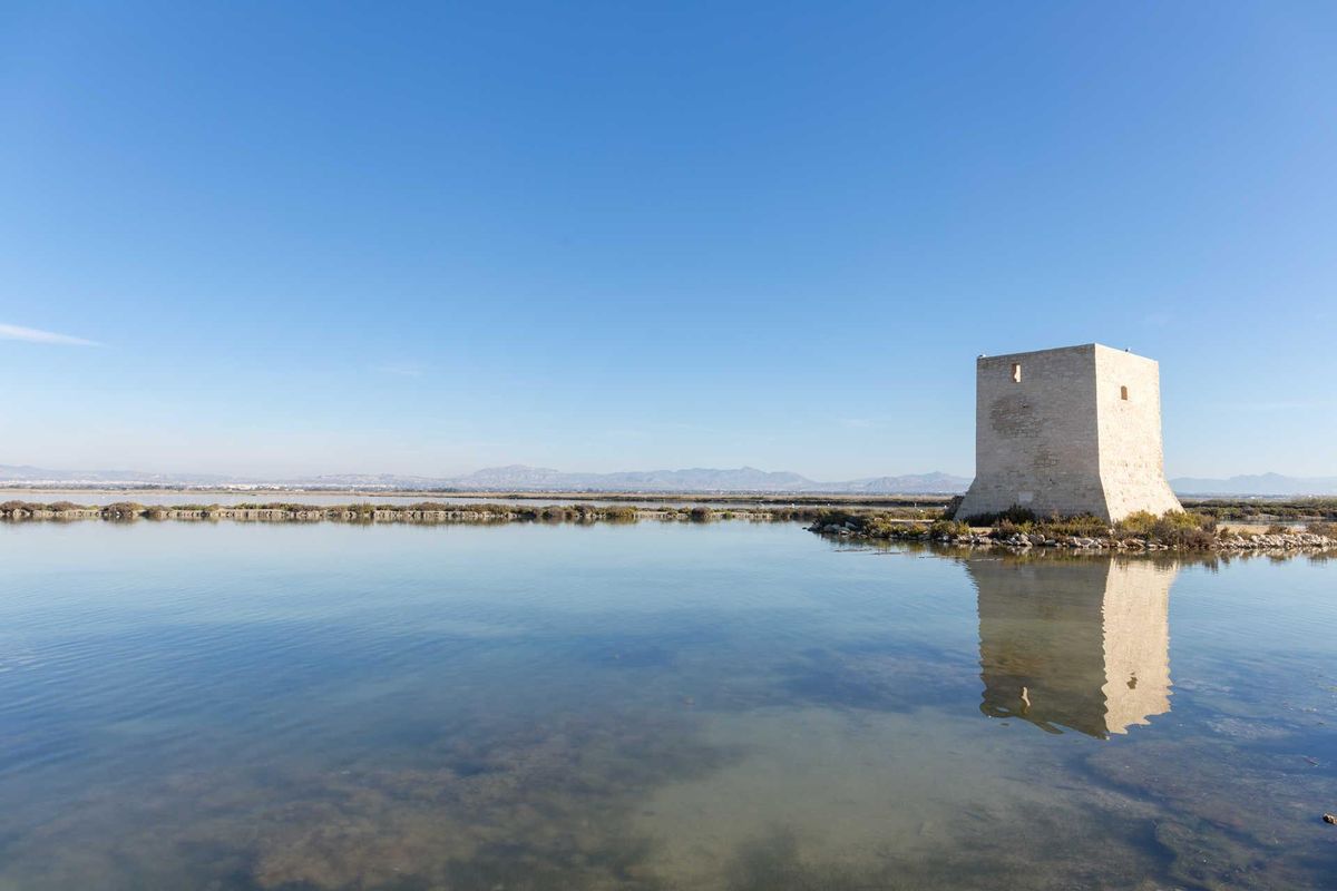 Pittoreske watertoren in Santa Pola, reflecterend in kalm water, omringd door een vredig natuurlandschap.