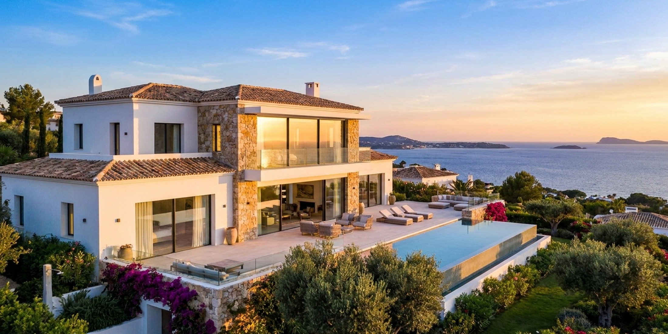 Luxury Spanish villa overlooking the Mediterranean Sea at sunset