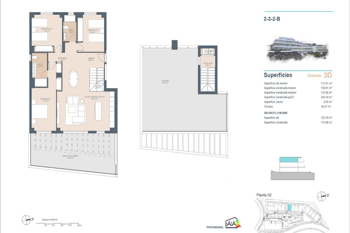 Vloerplan van het 3-slaapkamer penthouse, met layout en afmetingen in Estepona, Costa del Sol, Spanje.