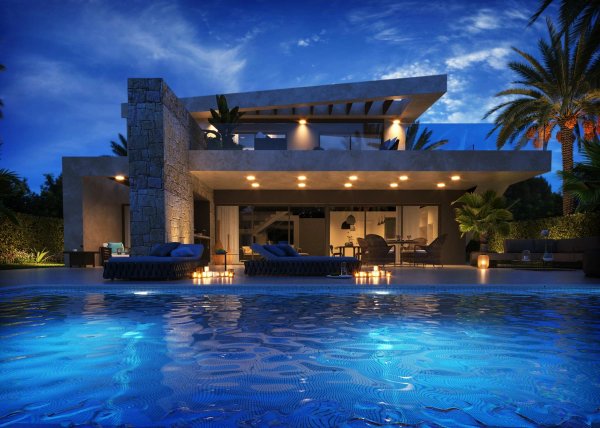 Elegante villa buitenaanzicht 's nachts met zwembad in Cuevas Del Almanzora, Costa de Almeria, Spanje.