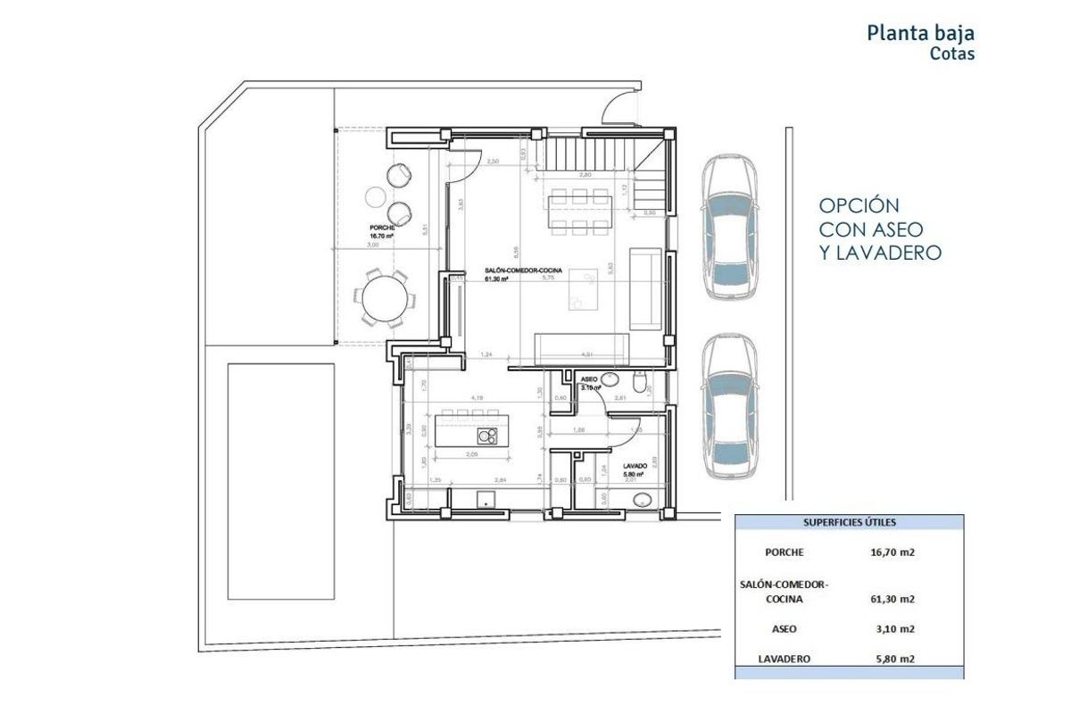 Plattegrond van de begane grond voor een 3-slaapkamer villa in San Juan, Alicante, met woonruimtes.