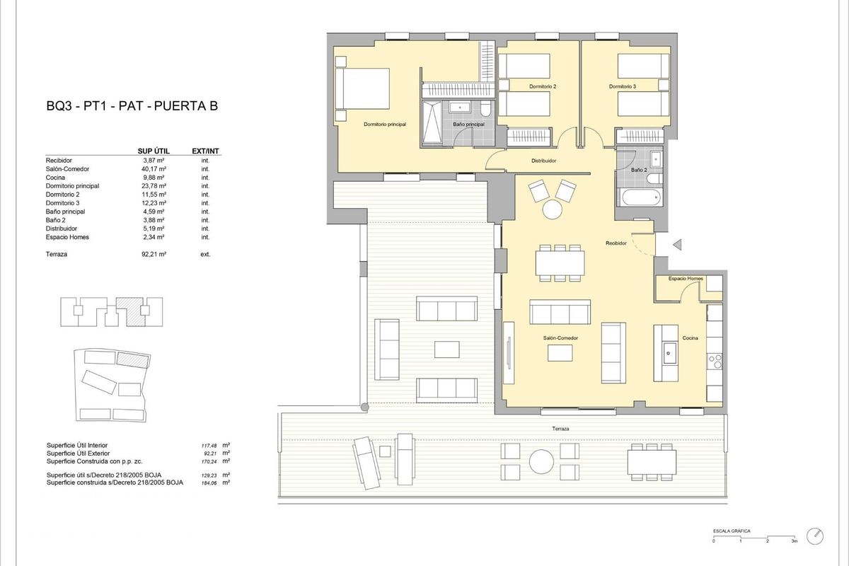 Plattegrond van een 3-slaapkamer penthouse in Estepona, met details van de indeling en afmetingen voor potentiële kopers.