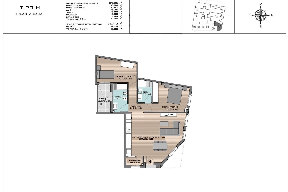 Plattegrond van een 2-slaapkamer appartement op de begane grond in Algorfa, toont indeling en afmetingen.