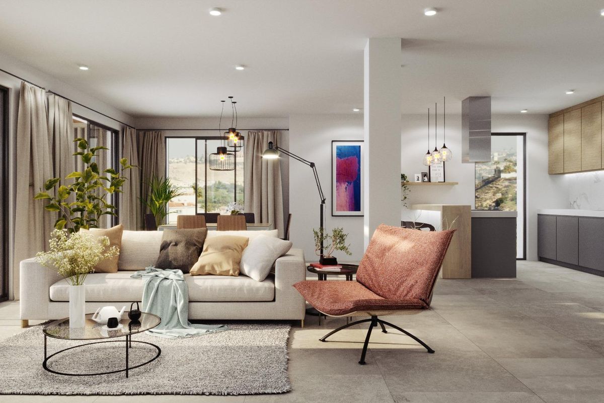 Moderne open woonruimte in een villa met 4 slaapkamers in Rojales, Costa Blanca, met een gezellige bank en eetgedeelte.