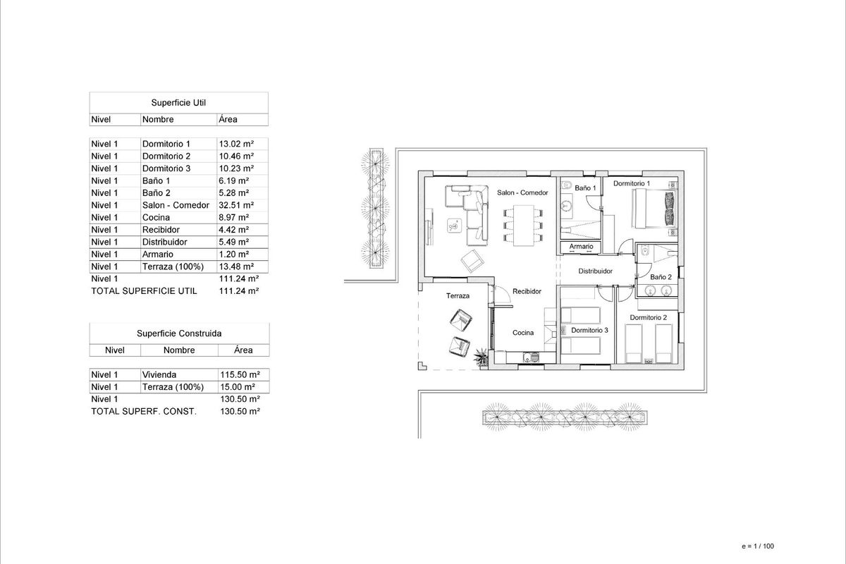 Plattegrond van de 3-slaapkamer villa, toont indeling in La Romana, Costa Blanca Zuid.