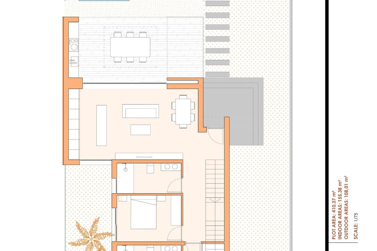 Overview floor plan of the three-bedroom townhouse with outdoor amenities in Baños y Mendigo, including pool area.