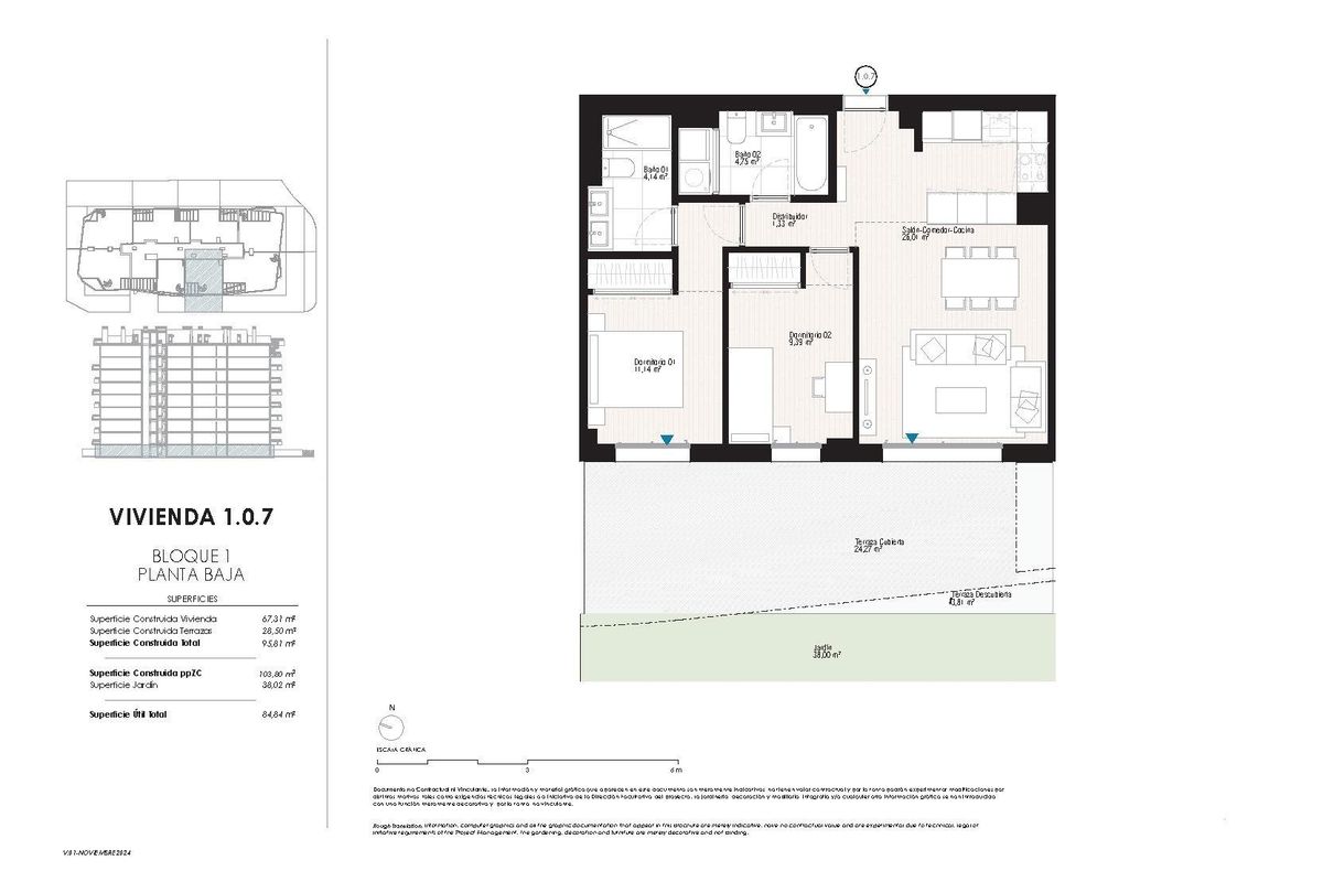 Plattegrond van een 2-slaapkamer appartement op de begane grond, met weergave van de indeling in Villajoyosa, Costa Blanca.