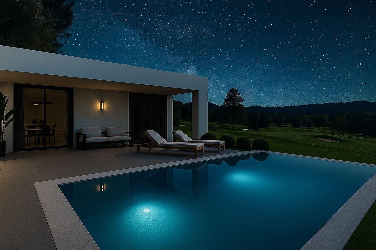Sterrenachtige avondzicht op het zwembadgebied in de villa in Hondón de las Nieves, met een serene sfeer.