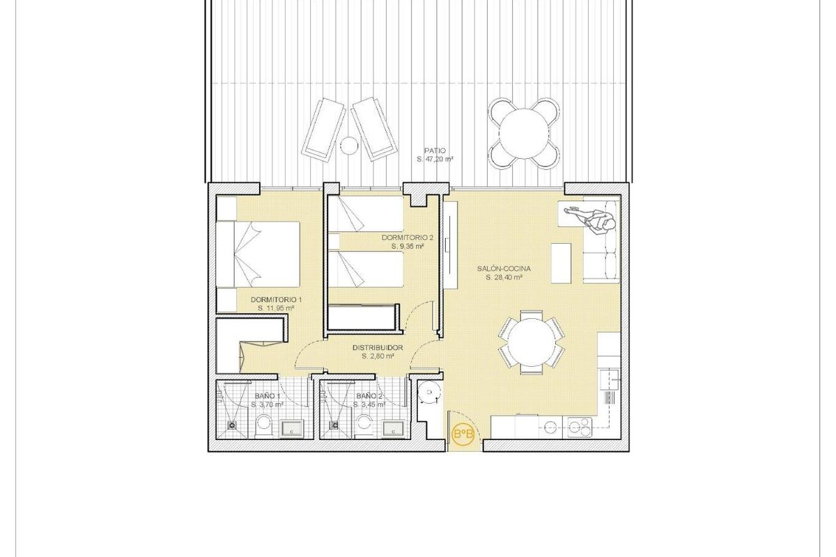 Plattegrond van een 2-slaapkamer-appartement in Finestrat, met weergave van de indeling en kenmerken.