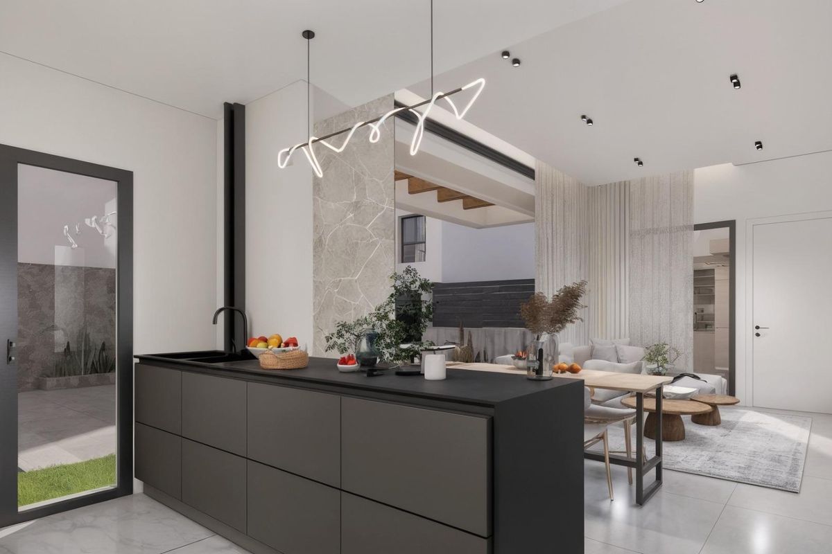 Strakke keuken en woonkamer gecombineerd, met moderne decoratie in een 3-slaapkamer villa, Los Montesinos, Spanje.