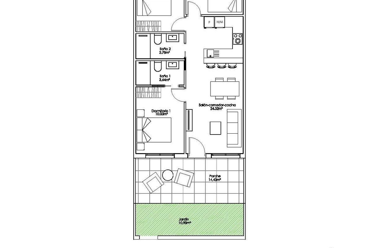 Plattegrond van het appartement op de begane grond in Pilar de La Horadada met de belangrijkste ruimtes.