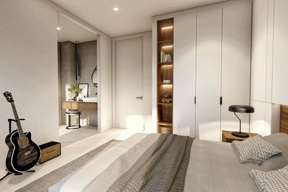 Moderne slaapkamer in een 4-slaapkamer villa, met minimalistische inrichting en verbonden met een elegante badkamer in Altea, Costa Blanca Noord.