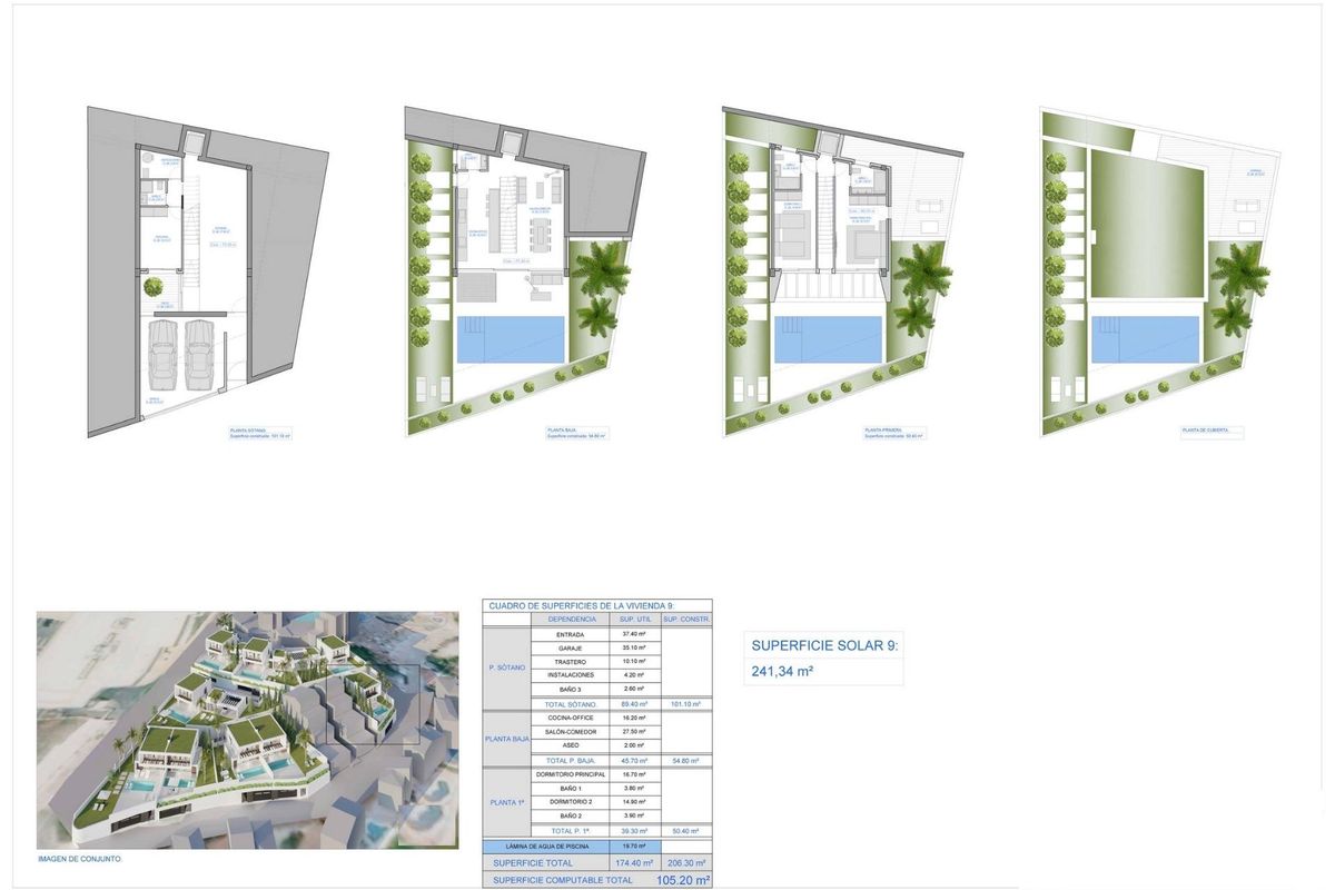 Plattegronden van een 3-slaapkamer villa ontwikkeling in Nerja, met indelingen voor luxe wonen.