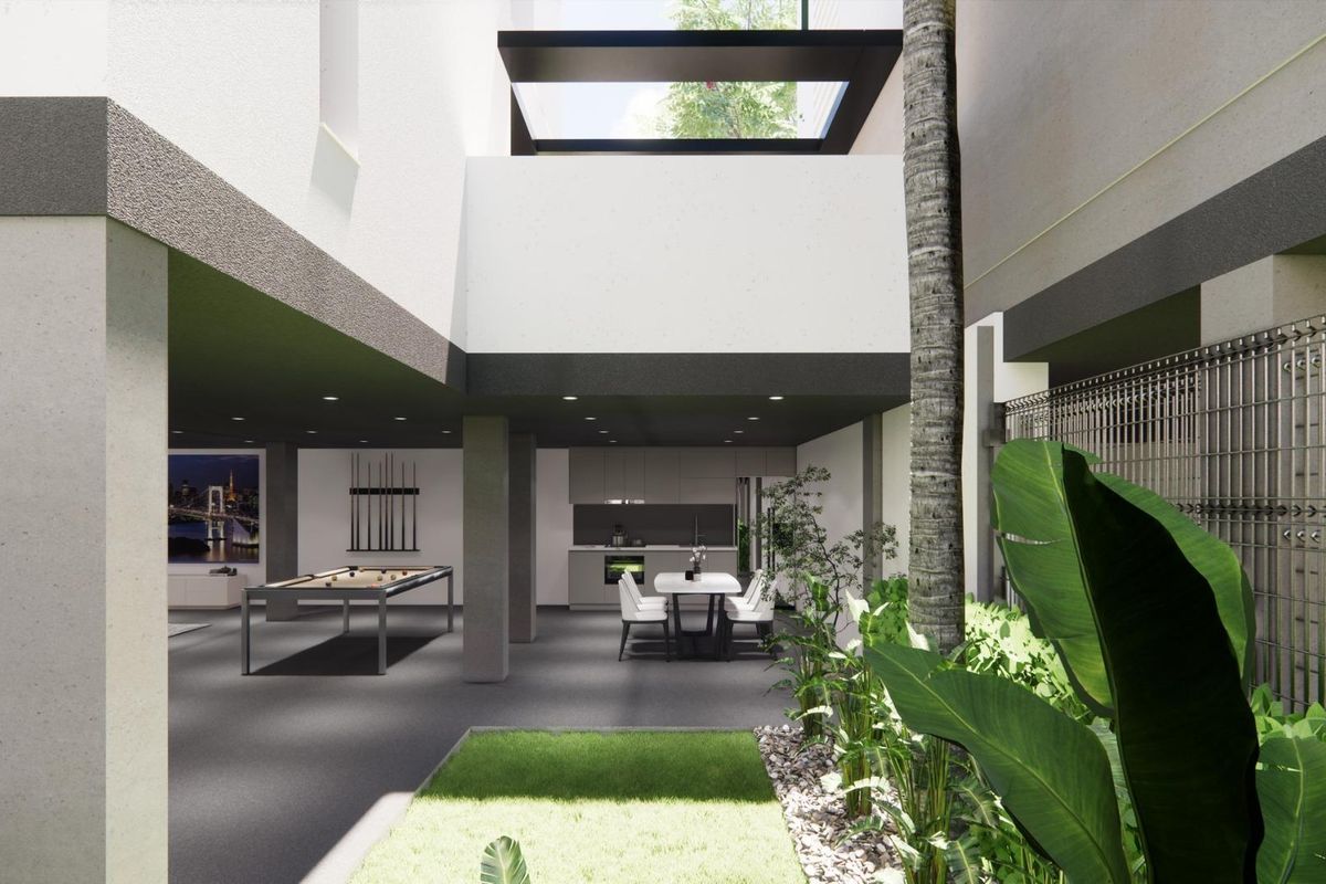 Buitenruimte met tuin en eetruimte in een moderne villa, Torre Pacheco, Costa Calida.