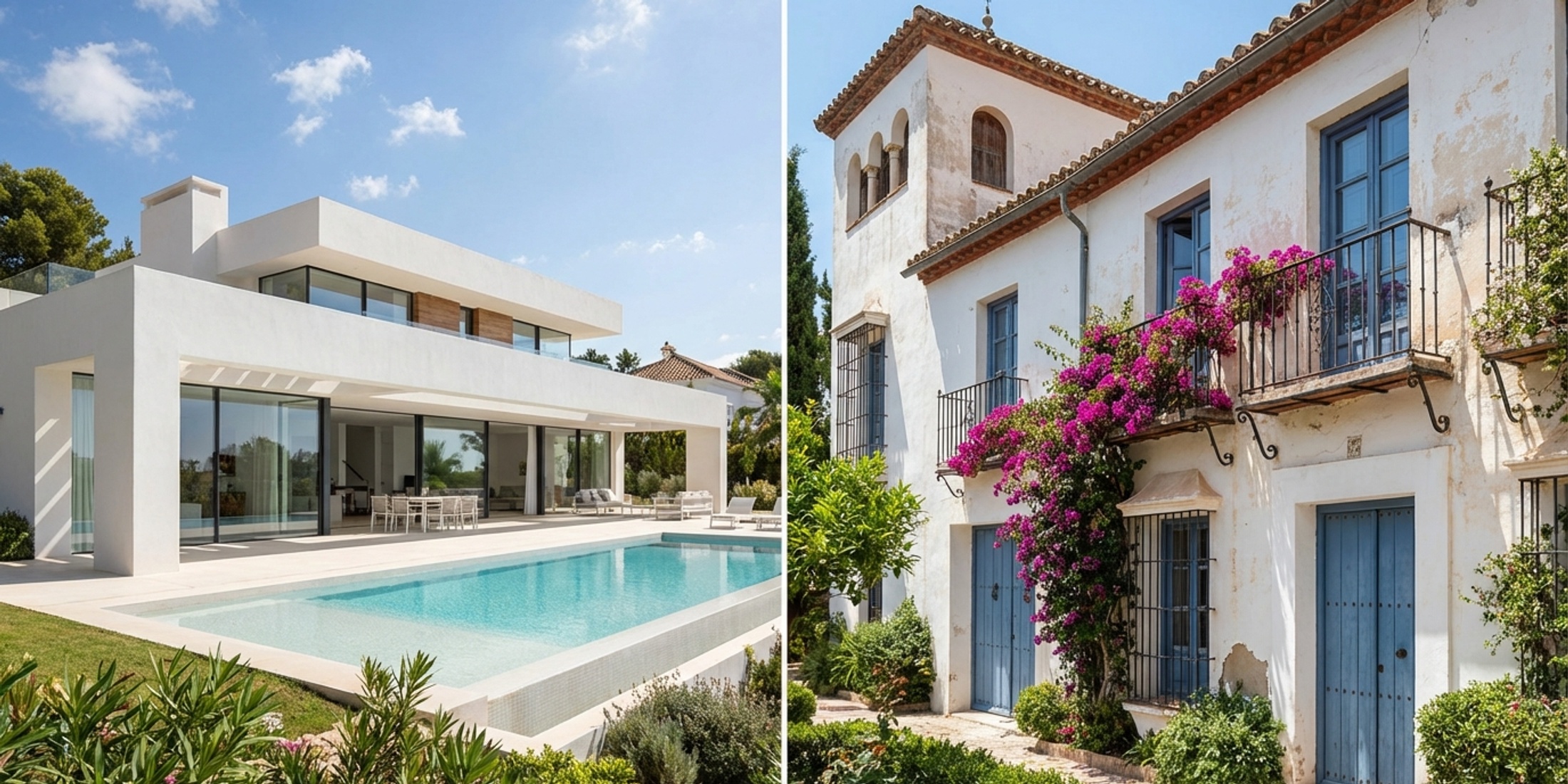 Gesplitste weergave van een moderne Spaanse villa en een traditioneel Andalusisch herenhuis