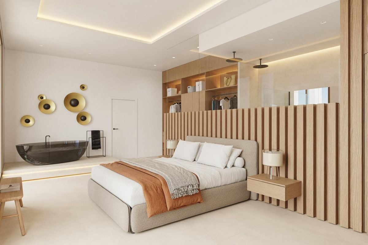 Elegante master slaapkamer met unieke designelementen en luxe bad in de villa in Algorfa.