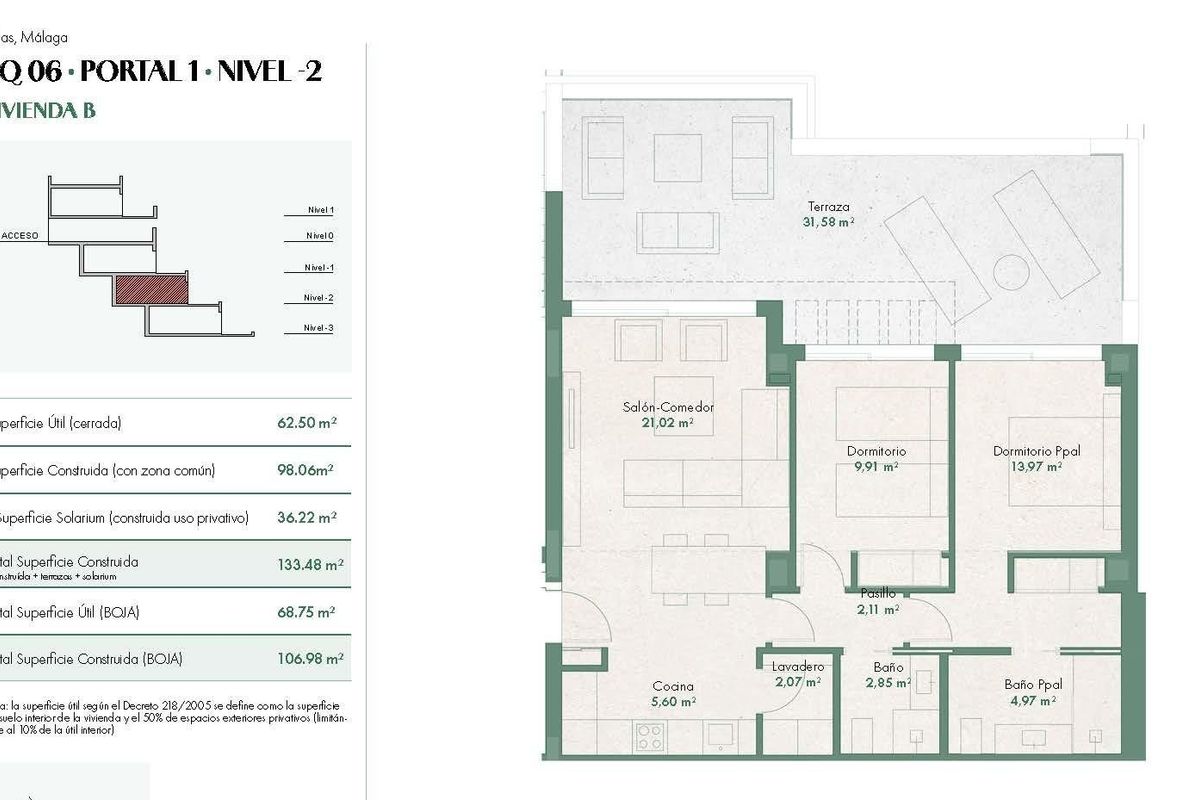Plattegrond van een 2-slaapkamer appartement met woonruimtes en terras in Mijas, Costa del Sol.