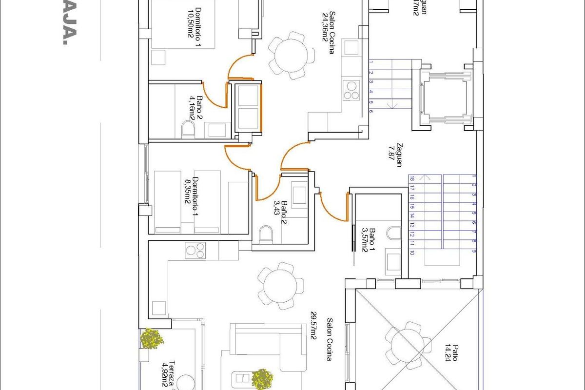 Plattegrond van een appartement met 2 slaapkamers op de begane grond in Guardamar del Segura, met informatie over de indeling.