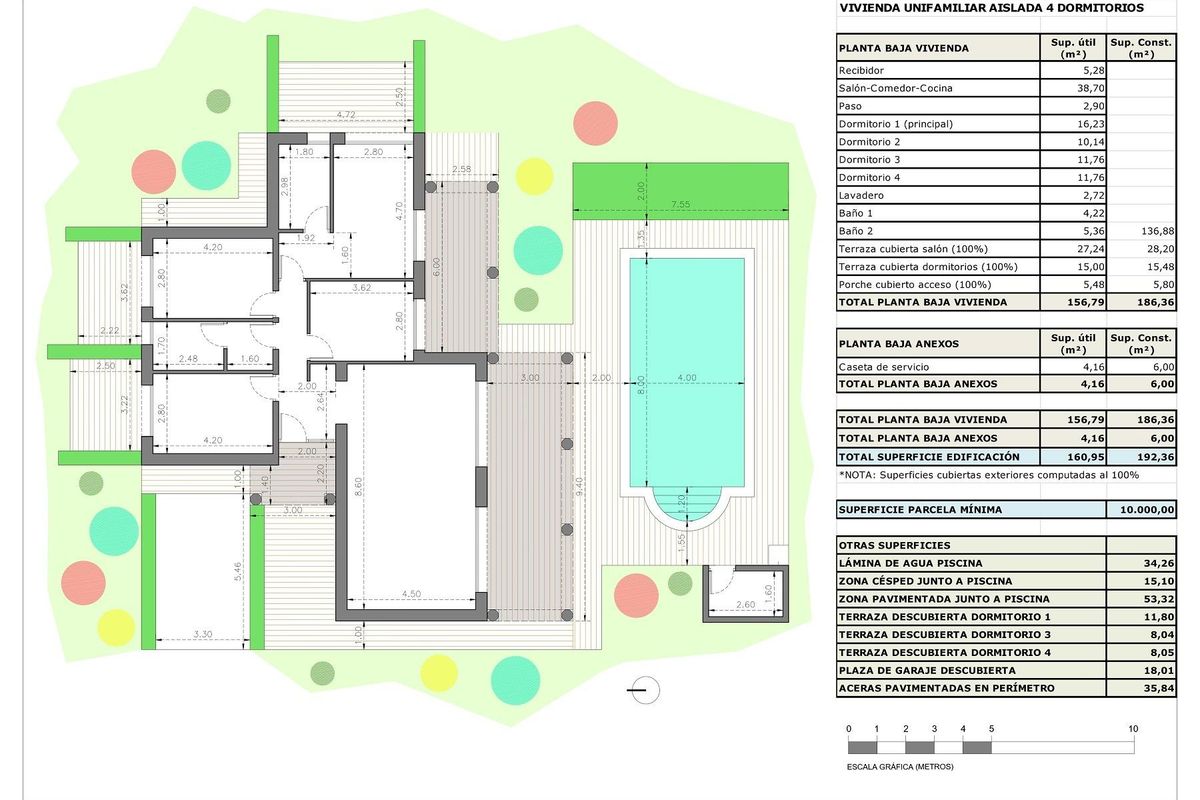 Gedetailleerde plattegrond van een 4-slaapkamer villa in Pinoso, Costa Blanca Zuid, met nadruk op indeling.