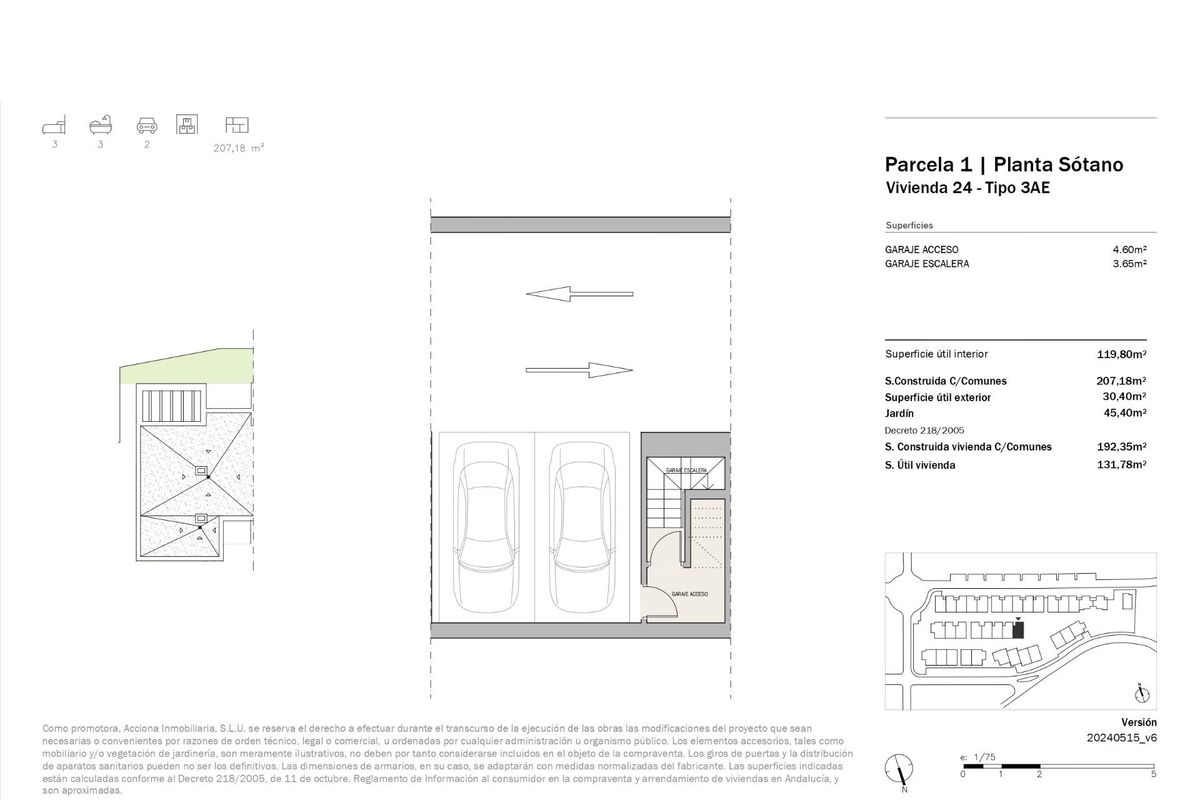 Kelder plattegrond van een 3-slaapkamer townhouse in Marbella, Costa del Sol, met garage en bergruimte.