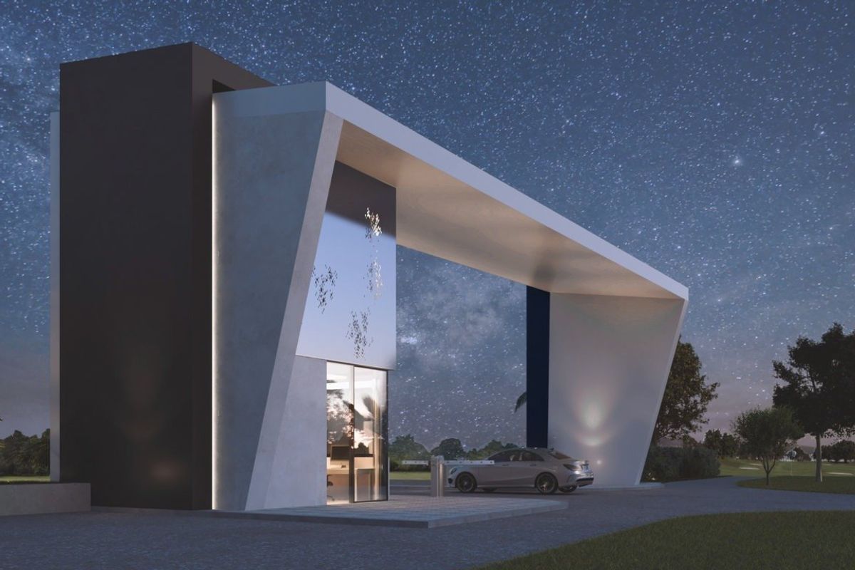 Unique architectural design of a villa at night, situated in Baños y Mendigo, Costa Calida.