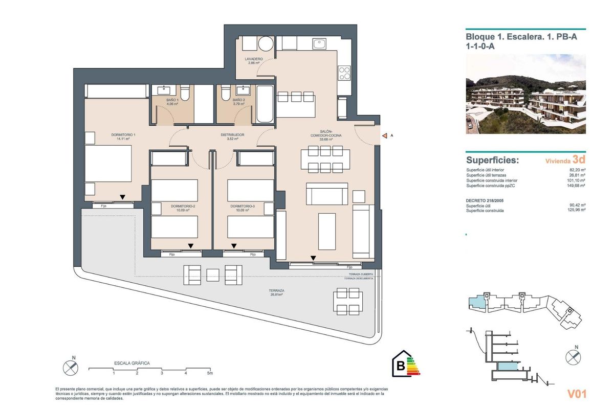 Plattegrond van een 3-slaapkamer appartement op de begane grond in Rincon de la Victoria, Costa del Sol.