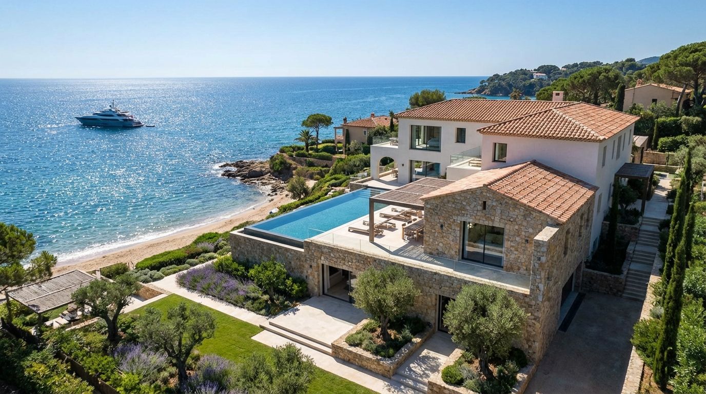 Aerial view of a luxury Spanish coastal villa overlooking the Mediterranean Sea