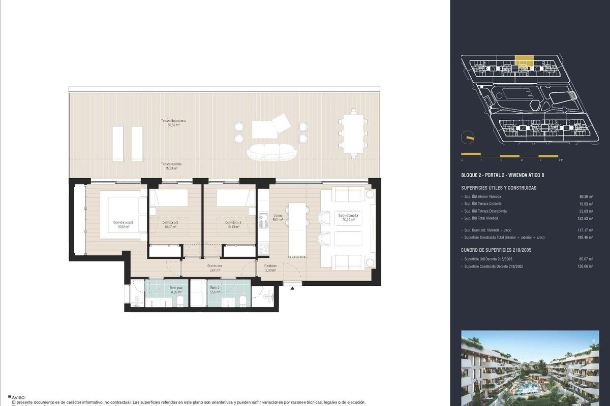 Plattegrond van een 3-slaapkamer penthouse in Marbella, met een ruim indeling van woonruimtes en badkamers.