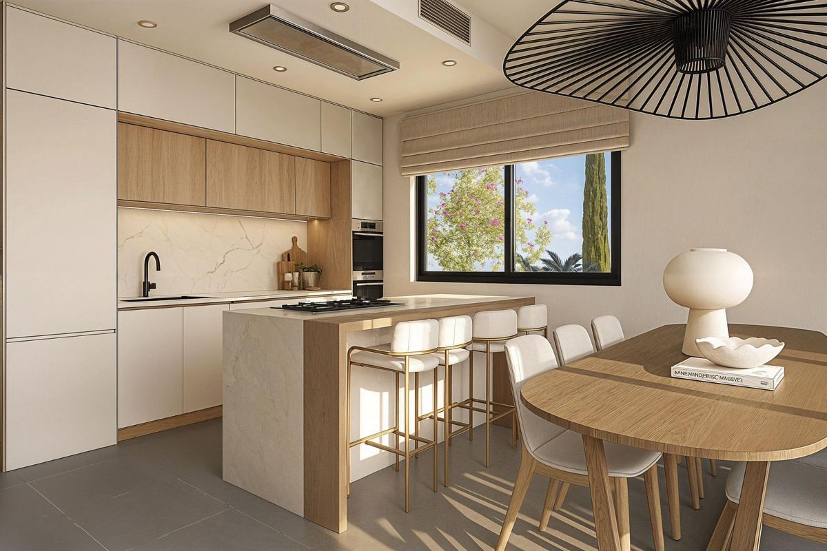 Moderne keuken in een villa in Costa Calida, met een strakke uitstraling en uitzicht op de tuin.