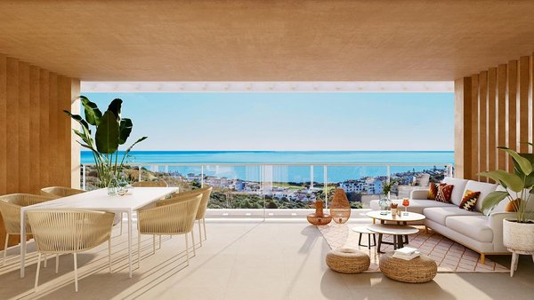 Ruime terras met eet- en zitgedeelte, uitzicht op zee in San Roque, Costa del Sol, 4-slaapkamer appartement.