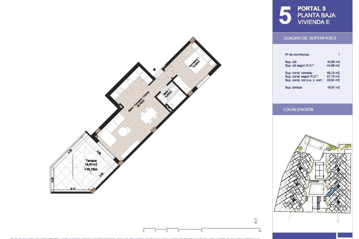 Plattegrond van een 1-slaapkamer begane grond appartement in Torrox, Costa del Sol, Spanje, met indeling en afmetingen.