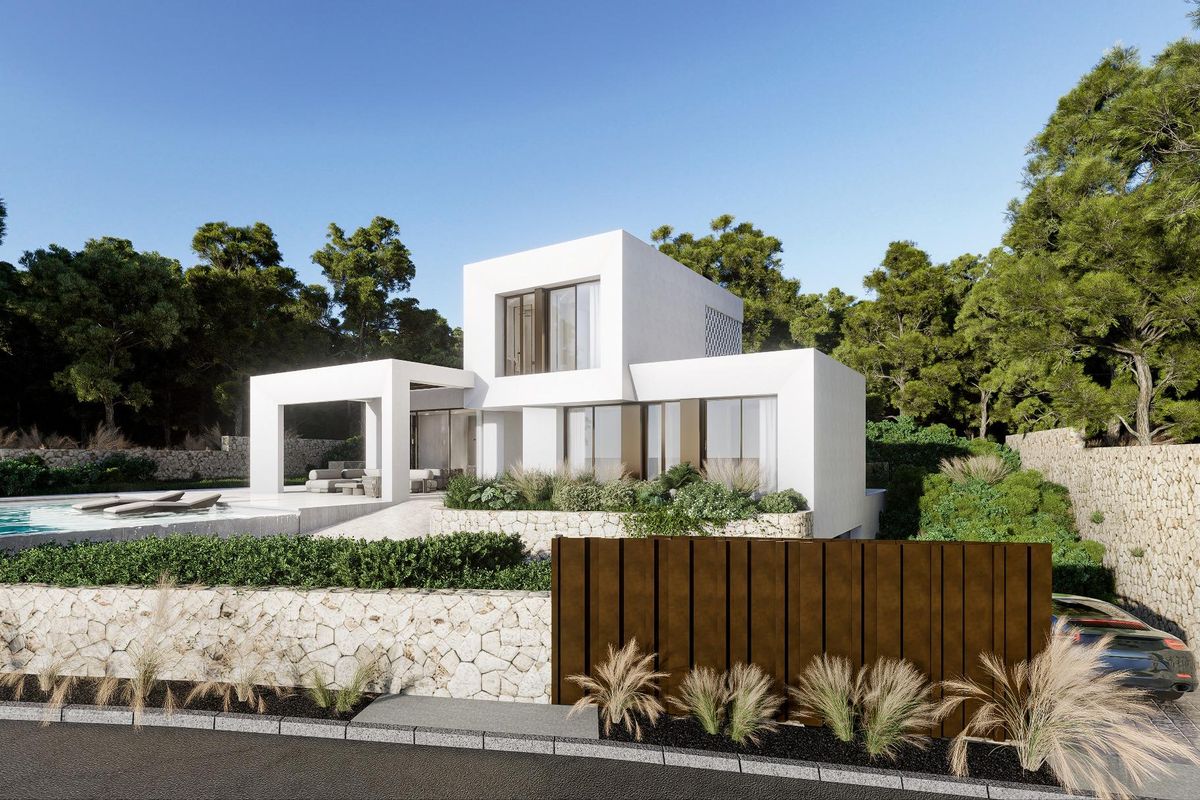 Moderne architectuur van de villa met aangelegde tuin en zwembad in Orihuela.