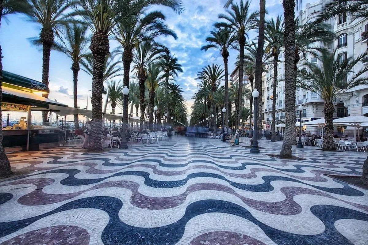 Palm-lined promenade in Alicante showcasing colorful patterned tiles, perfect for a leisurely stroll.