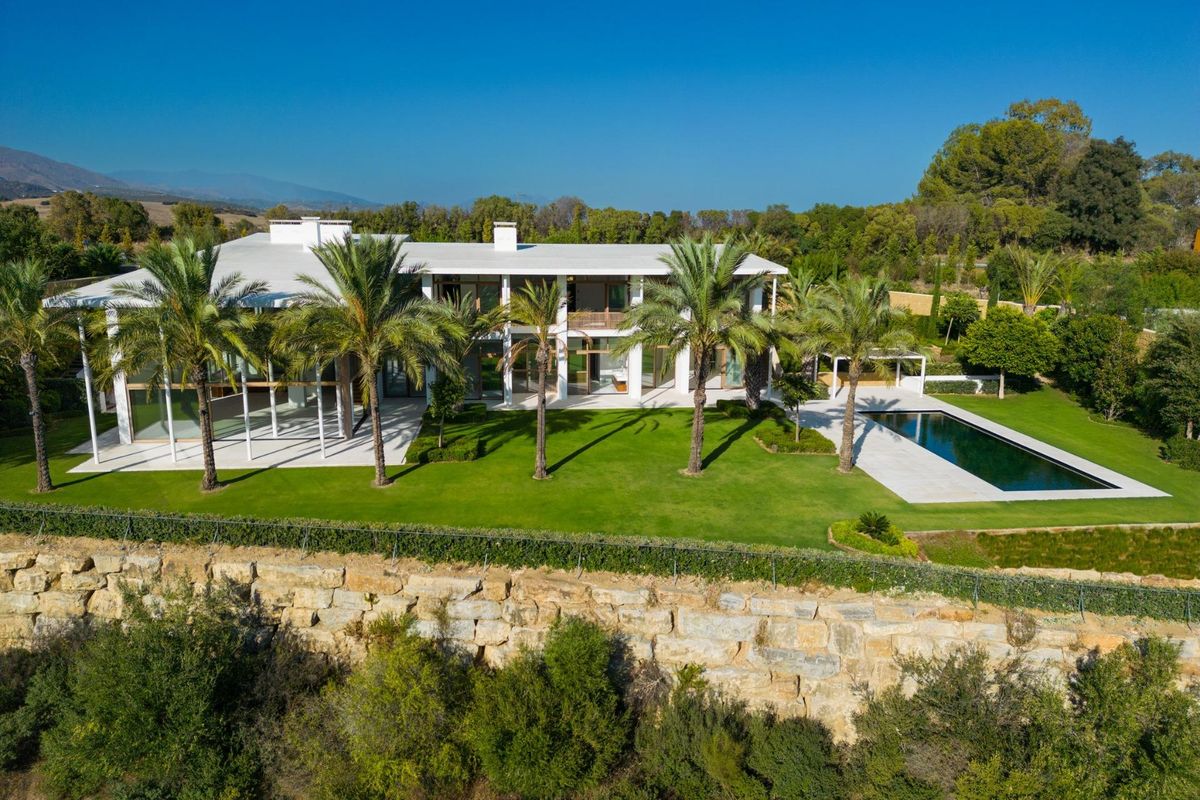 Luchtfoto van een moderne villa met palmbomen, zwembad en weelderige tuin in Casares, Costa del Sol.