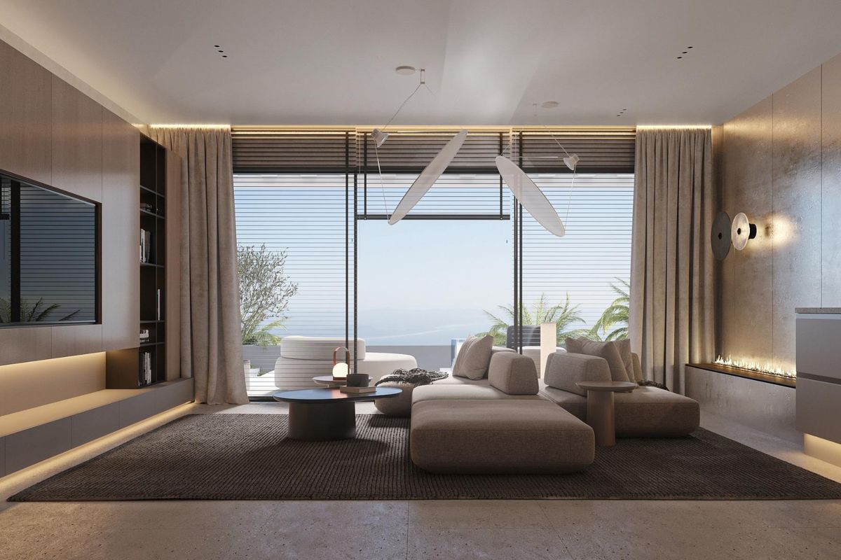 Contemporary woonkamer met uitzicht op zee in het 2-slaapkamer appartement in Estepona.