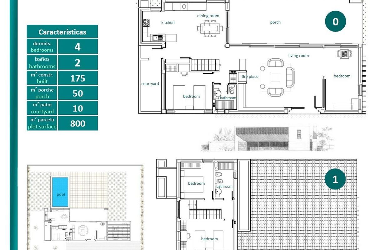 Plattegrond van een 4-slaapkamer villa in Sucina, Spanje, met indeling van een zwembad, keuken en woonkamer.
