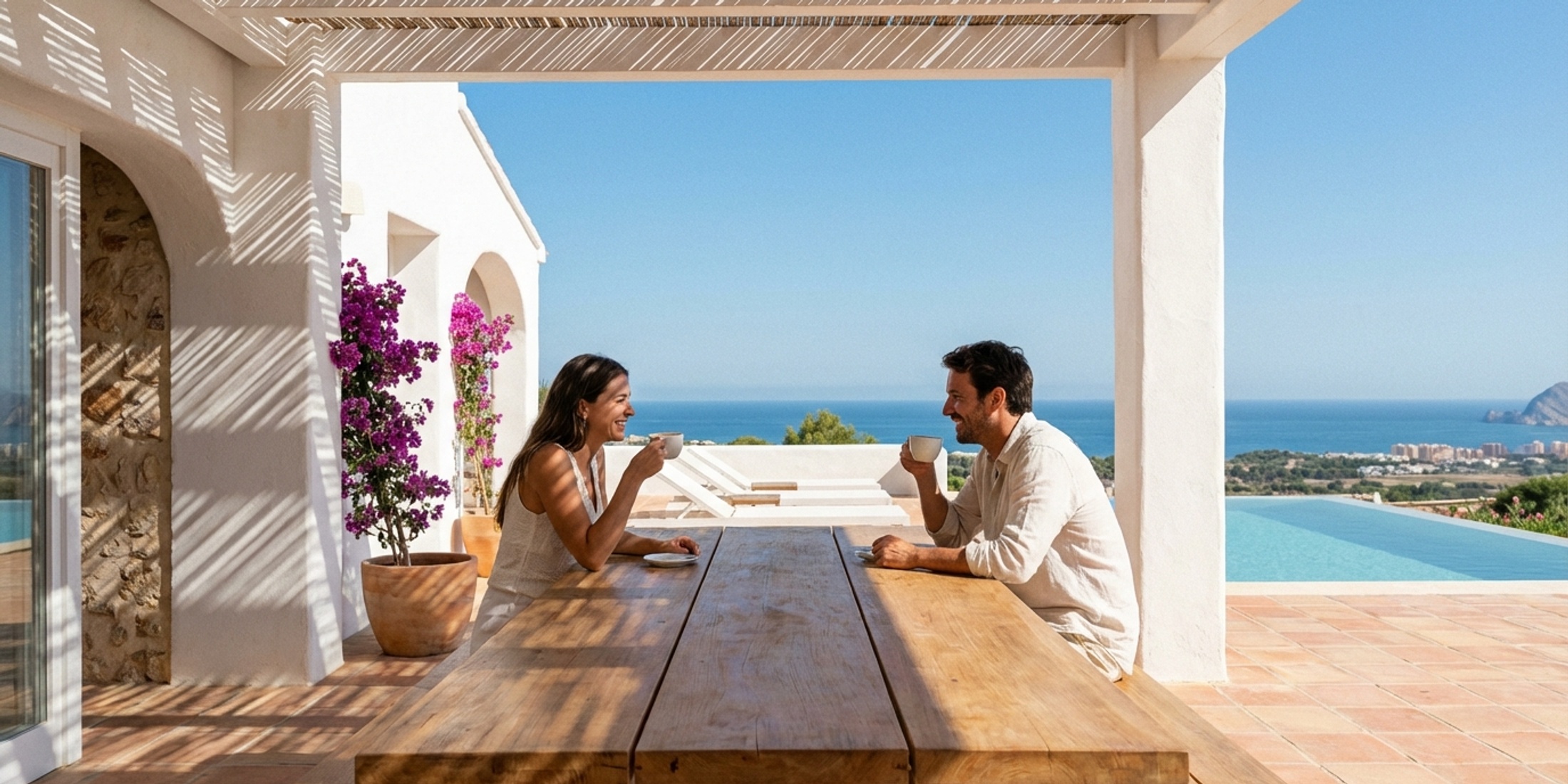 Stel geniet van koffie op een zonnig terras in Alicante
