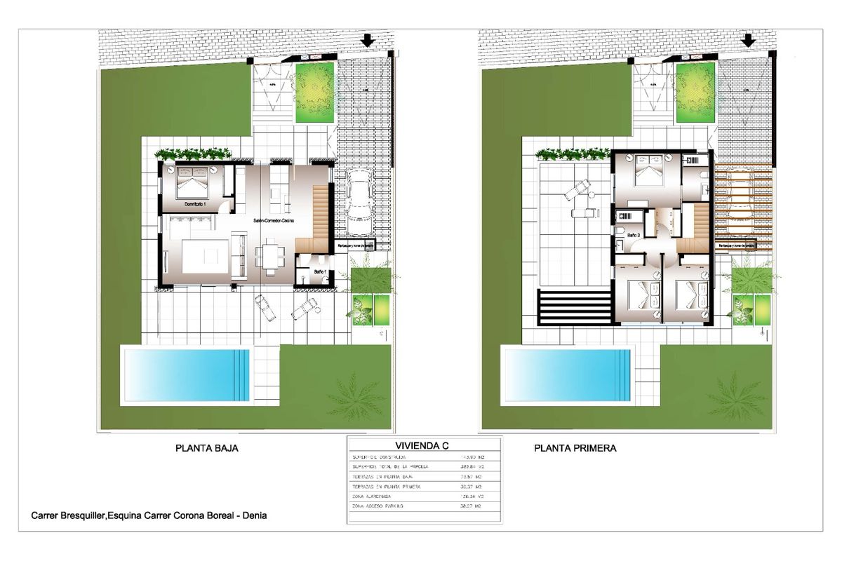 Uitgebreide plattegrond van een 4-slaapkamer villa in Denia, inclusief indelingen voor elk niveau.