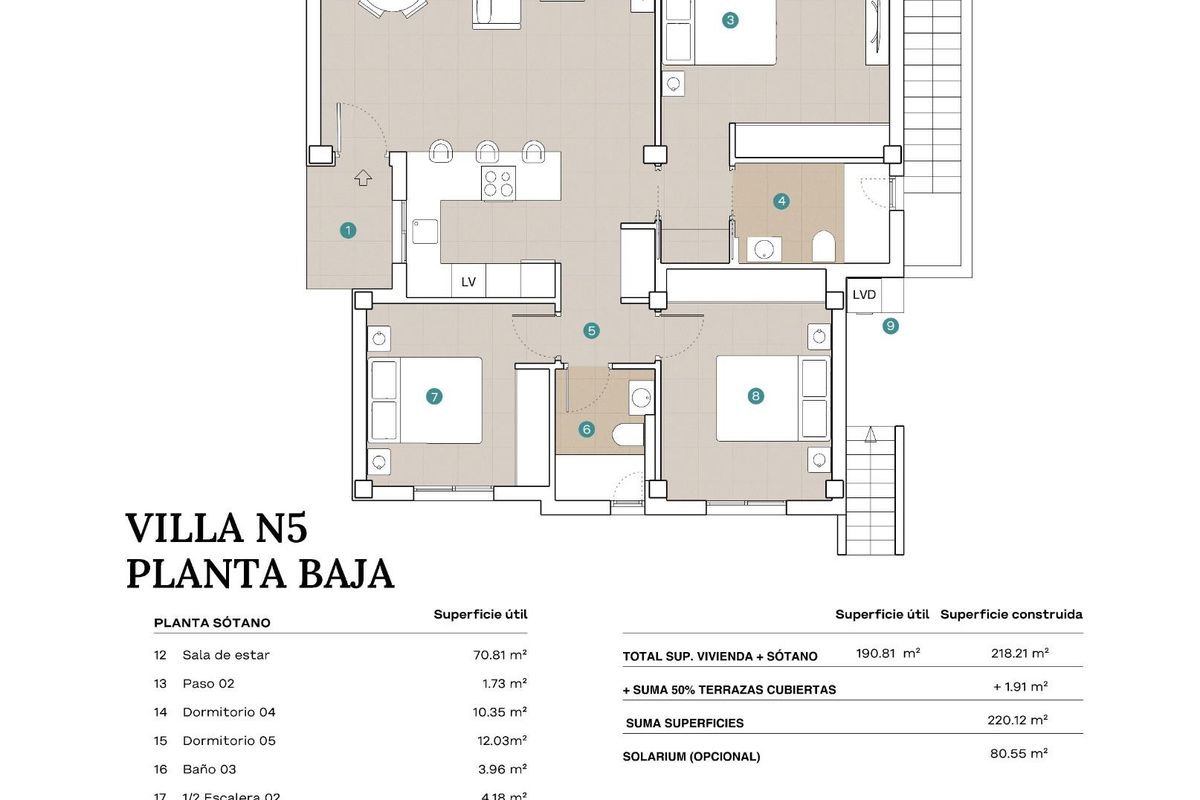 Plattegrond van een 5-slaapkamer villa in Polop, Costa Blanca Noord, toont de woonruimte en slaapkamers.
