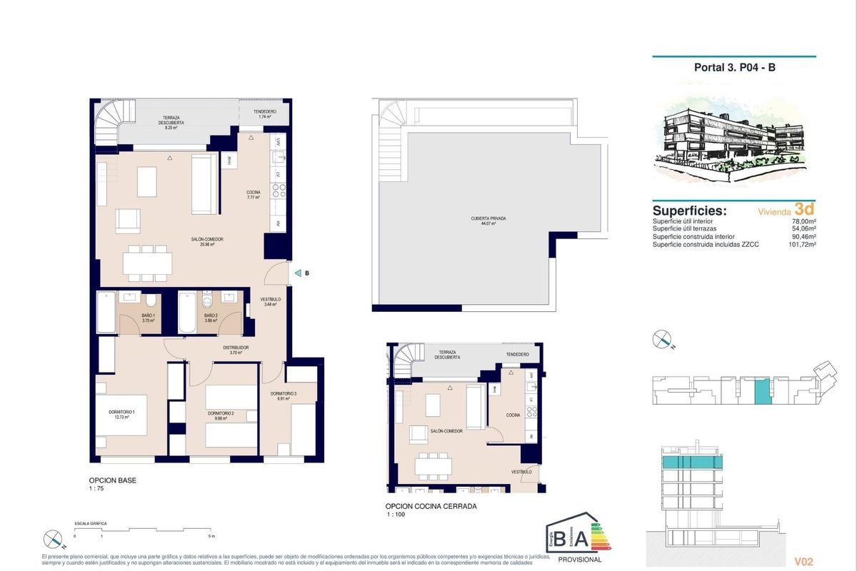 Gedetailleerde plattegrond van een 3-slaapkamer penthouse in Alicante, met ruime indelingen en modern design.