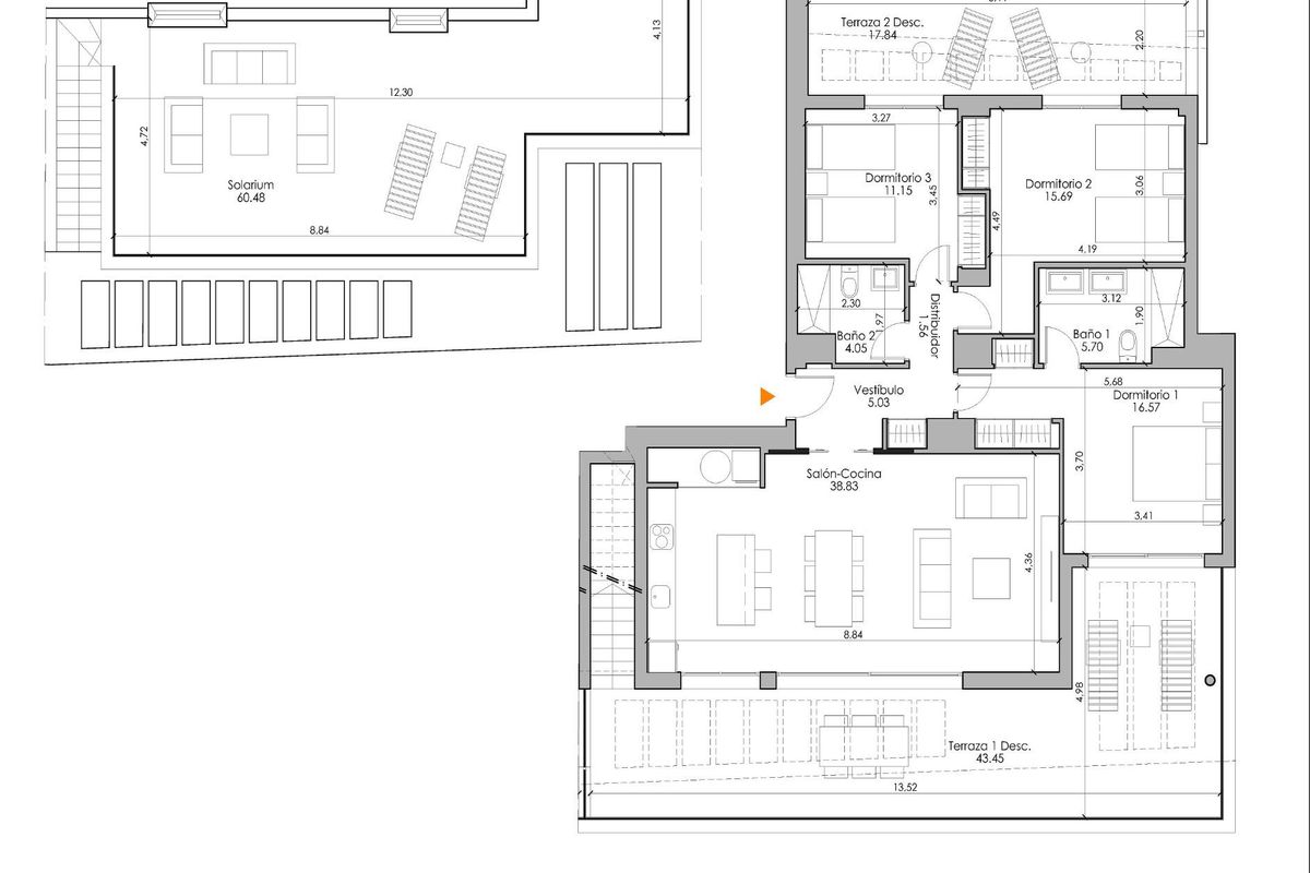 Plattegrond van de 3-slaapkamer penthouse in Estepona, met details van elke kamer en buitenruimtes.