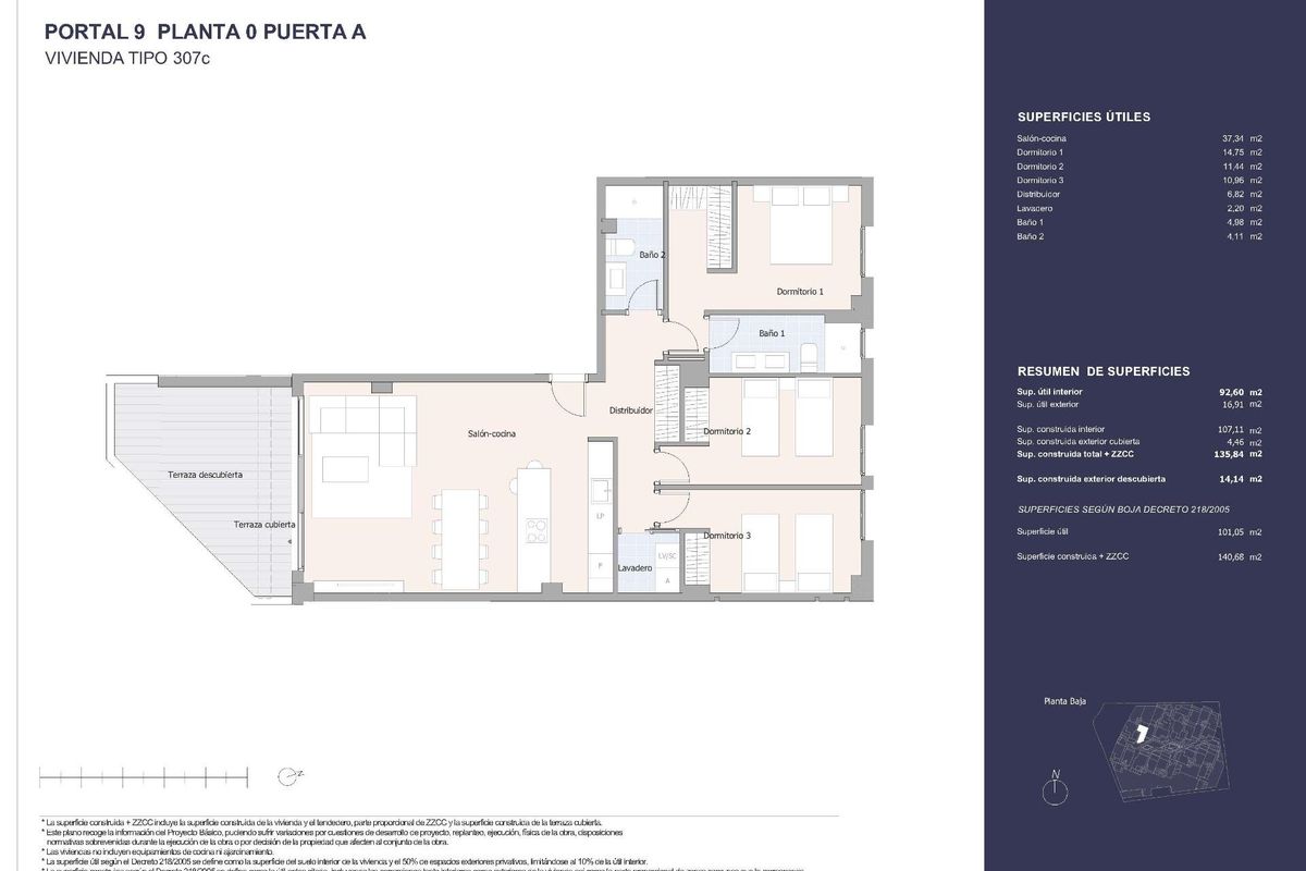 Plattegrond van een ruime indeling van een 3-slaapkamer appartement in een modern complex in Marbella, Costa del Sol.