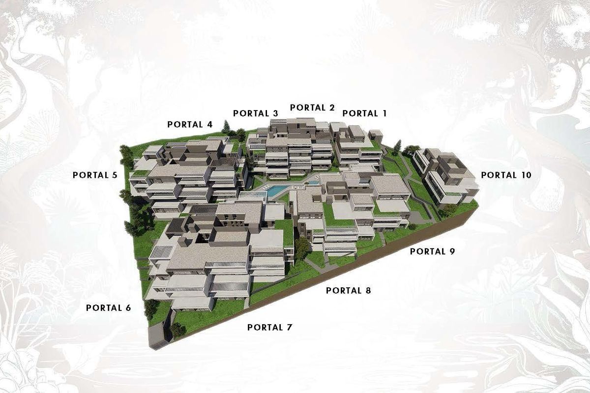3D plattegrond van een luxe appartementencomplex met meerdere ingangen, die moderne architectuur in Marbella toont.